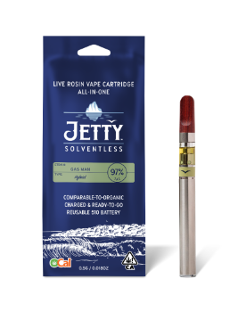 A photograph of Jetty Cartridge OCAL .5g Solventless Gas Man All in One