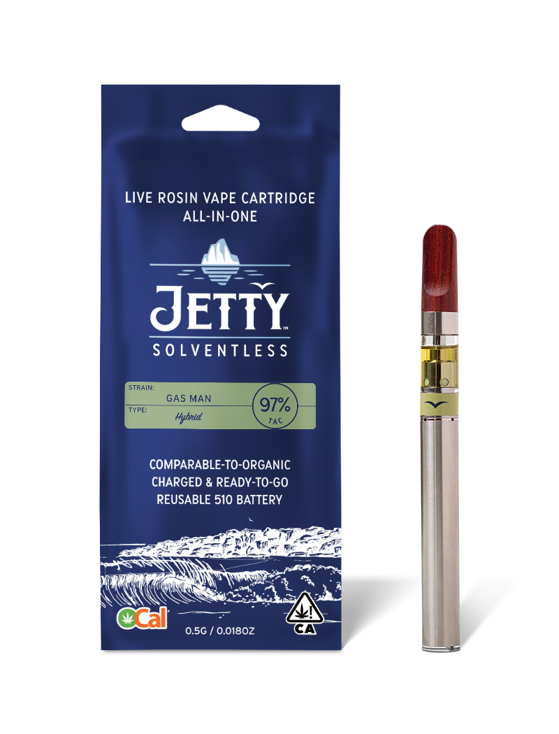 A photograph of Jetty Cartridge OCAL .5g Solventless Gas Man All in One