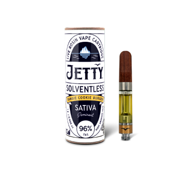 A photograph of Jetty Cartridge OCAL 1g Solventless Tangie Cookie Burger