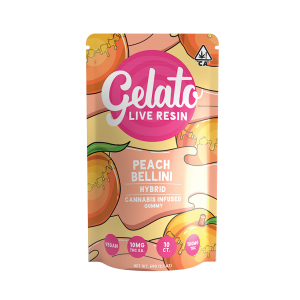 A photograph of Gelato Gummies 100mg Hybrid Peach Bellini 10ct