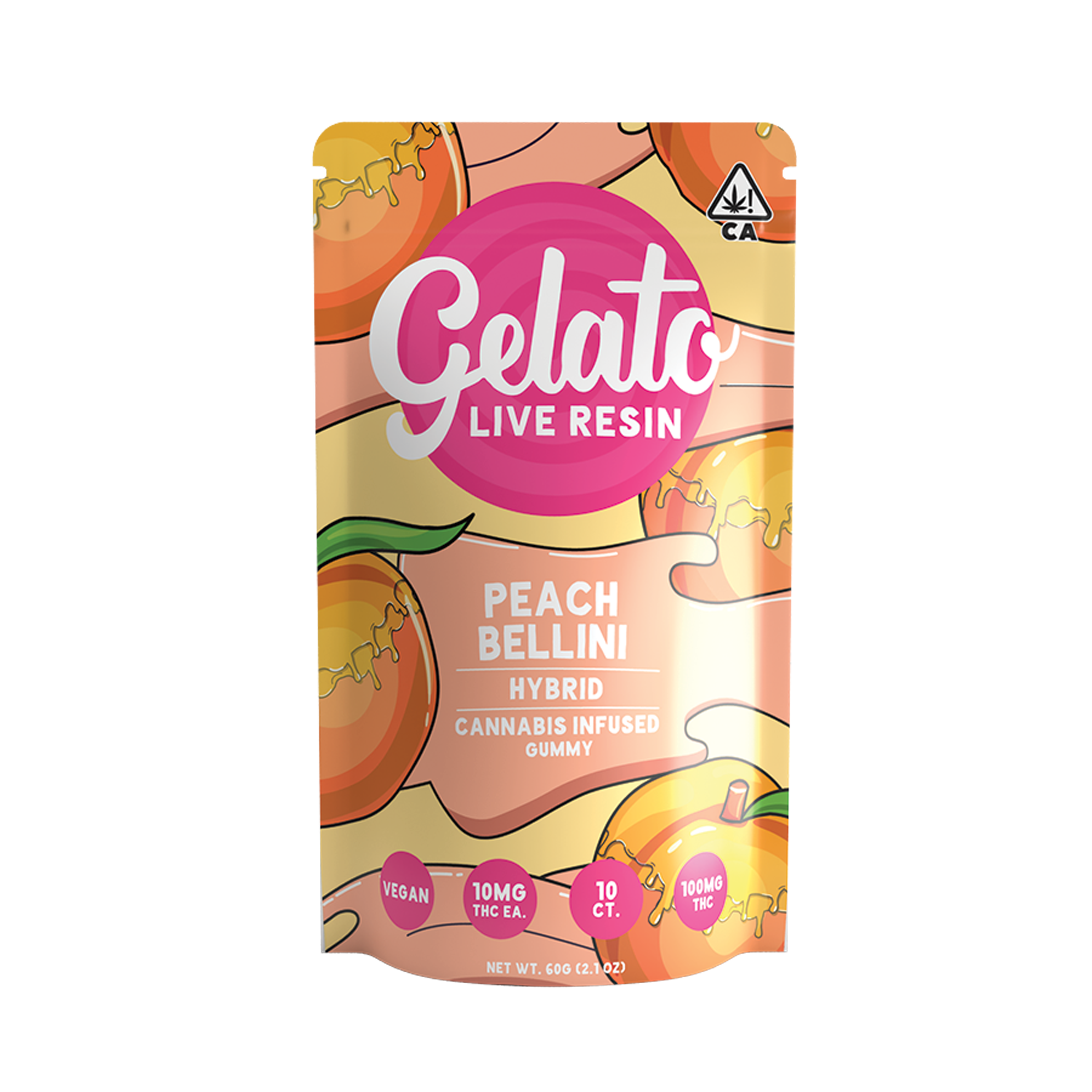 A photograph of Gelato Gummies 100mg Hybrid Peach Bellini 10ct