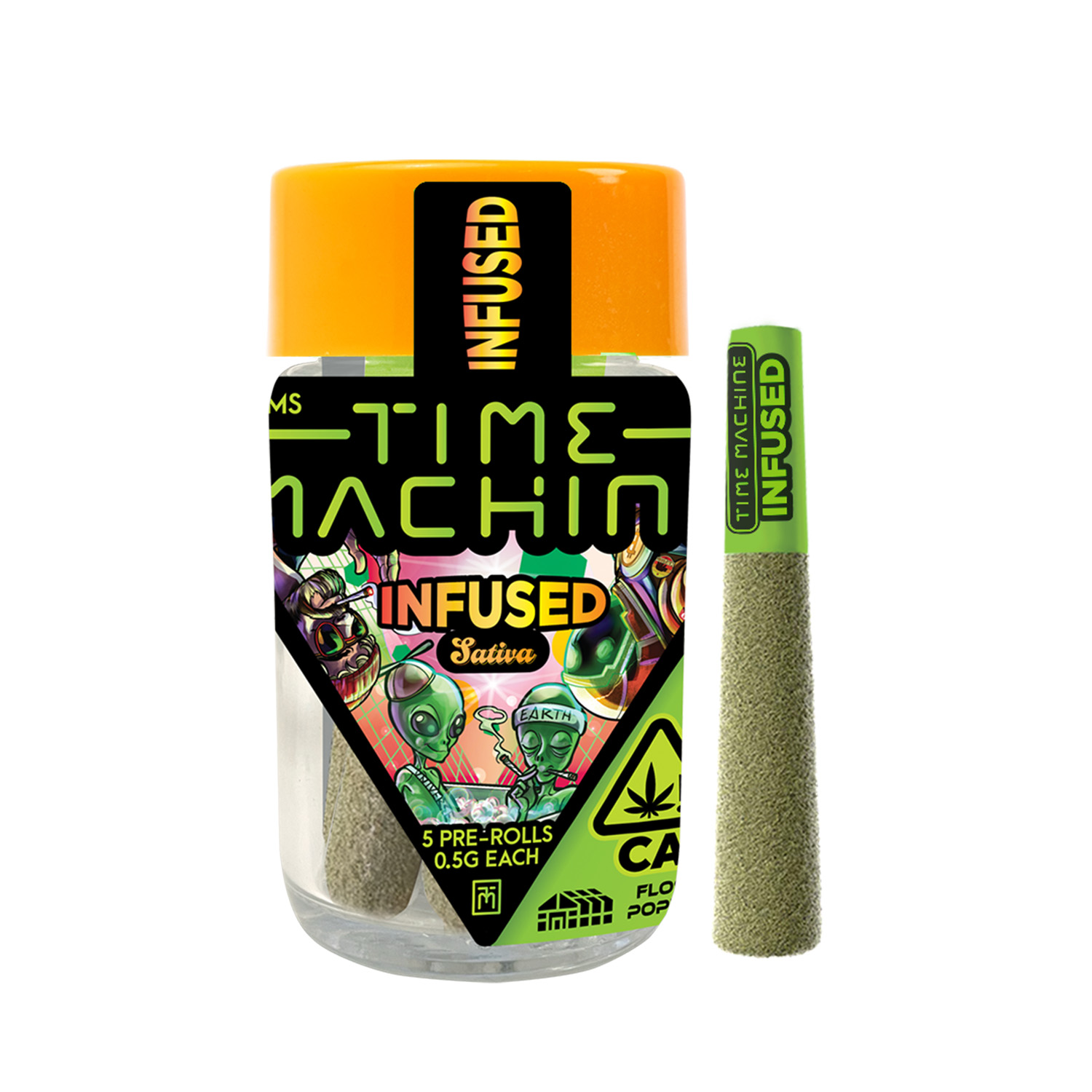 A photograph of Time Machine Infused Preroll 5pk Sativa Banana Runtz