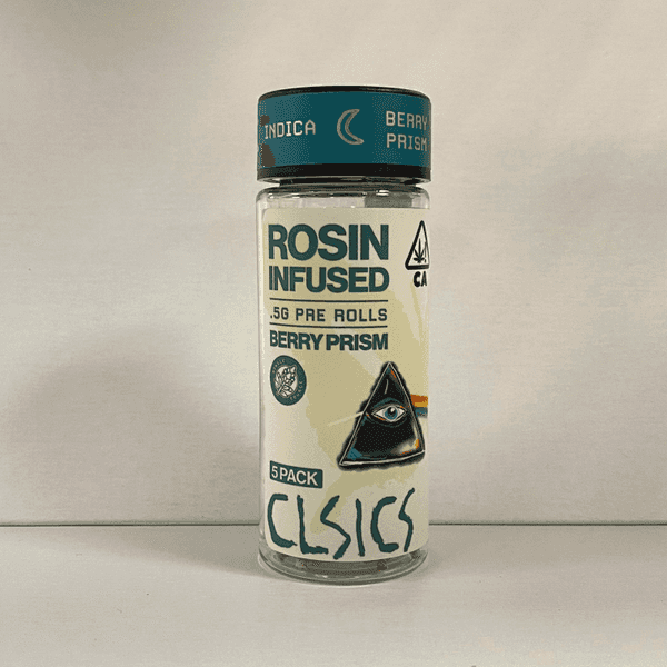 A photograph of CLSICS Rosin Preroll 5pk .5g Indica Berry Prism