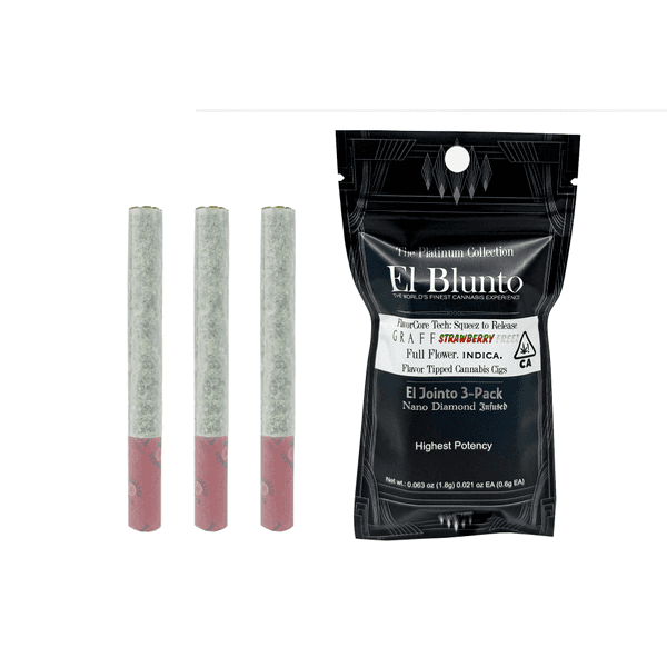 A photograph of El Blunto FlavorCore Diamond Jointo .6g Indica Graff Strawberry Freez 3pk 1.8g