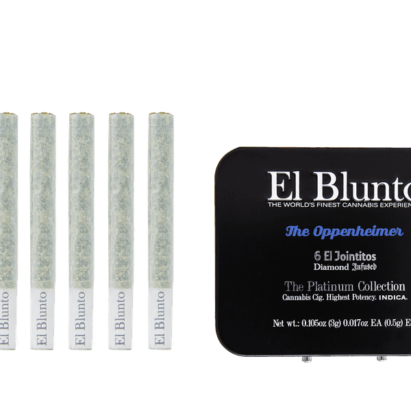 A photograph of El Blunto Diamond Jointito .5g Indica The Oppenheimer 6pk 3g 16ct