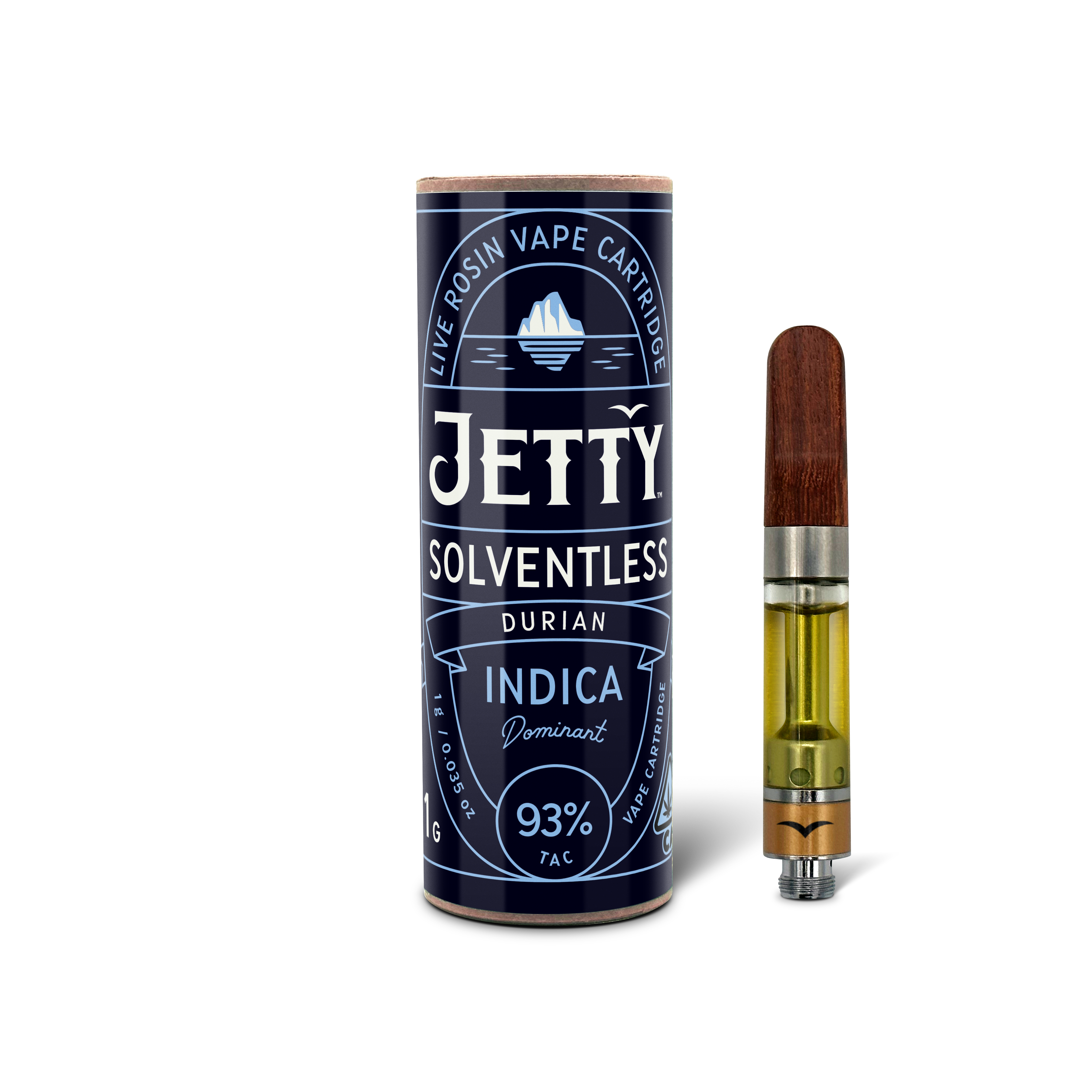 A photograph of Jetty Cartridge 1g Solventless Durian