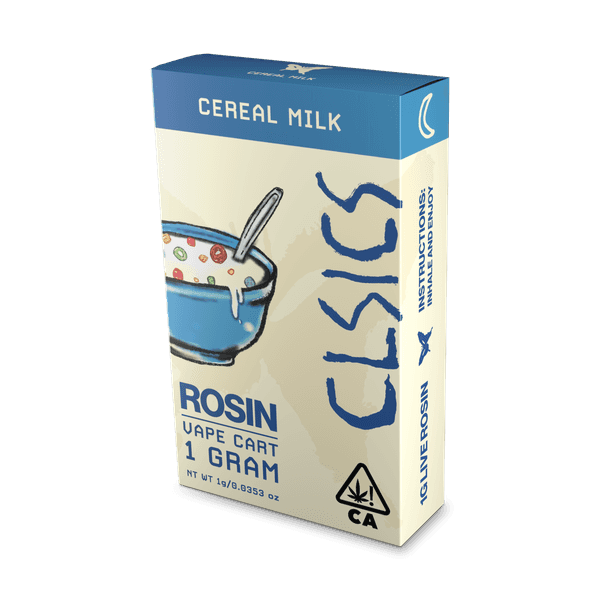 A photograph of CLSICS Live Rosin Cartridge 1g Indica Cereal Milk