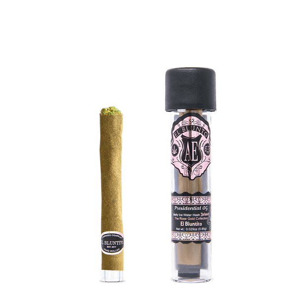 A photograph of El Blunto Rose Gold Hash Bluntito .85g Hybrid Presidential OG 16ct