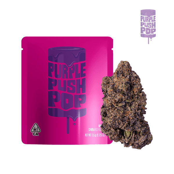 A photograph of Seed Junky Flower 3.5g Indica Purple Push Pop 16ct