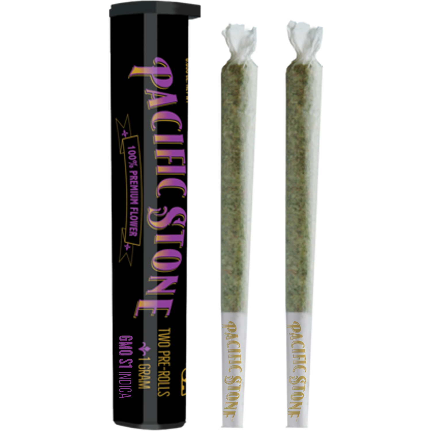 A photograph of Pacific Stone Preroll 0.5g Indica GMO 2-Pack 1.0g