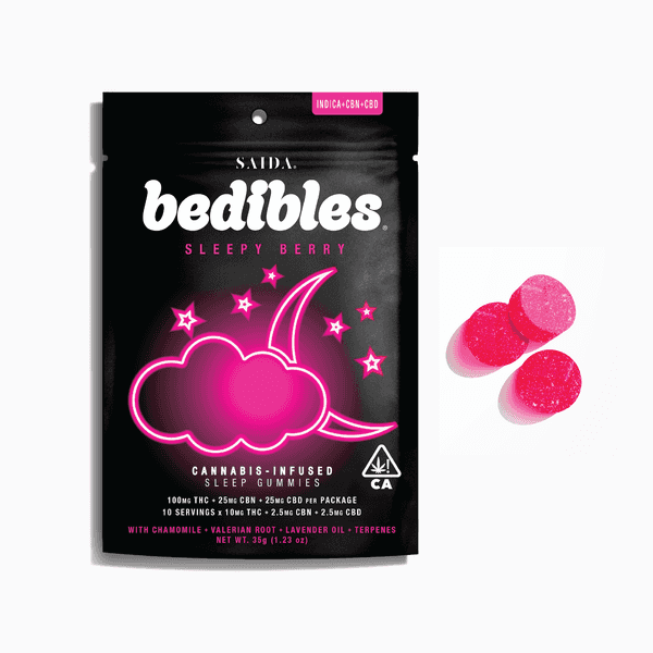 A photograph of Saida Bedibles Gummies 10ct 100mg Indica Sleepy Berry 4:1:1 THC/CBN/CBD