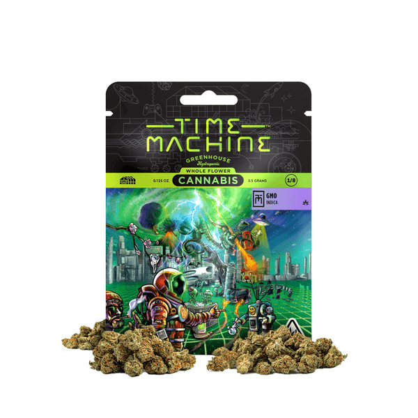 A photograph of Time Machine Flower 3.5g Indica GMO 16ct