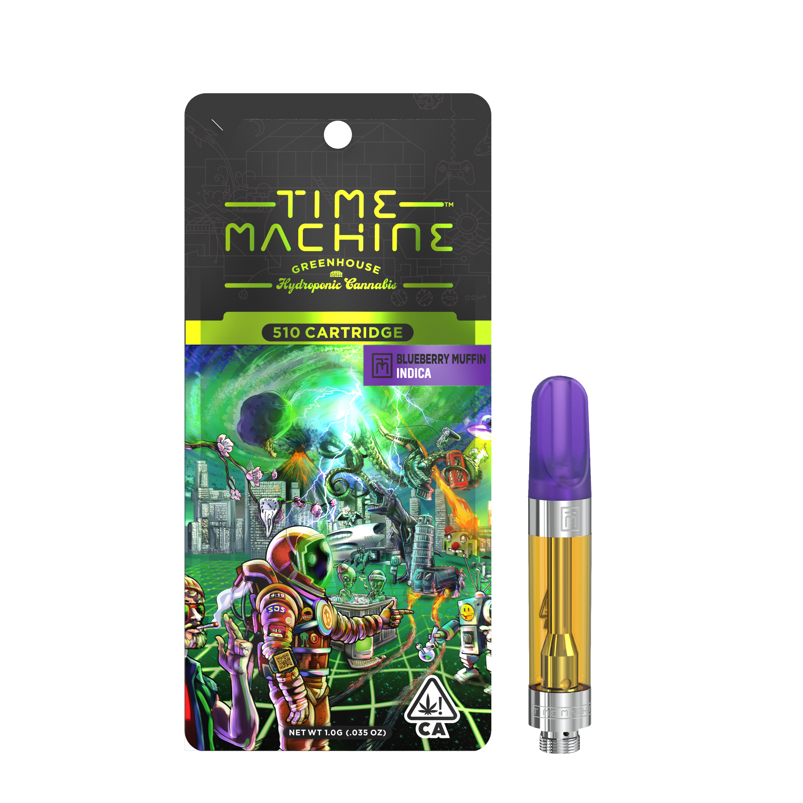 A photograph of Time Machine Cartridge 1g Indica Blueberry Muffin