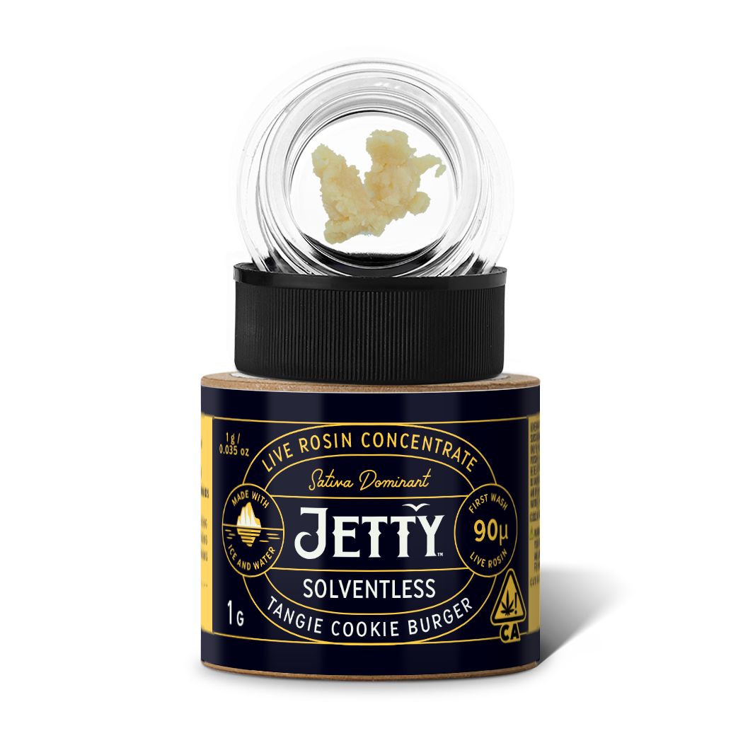 A photograph of Jetty Live Rosin 1g Solventless Tangie Cookie Burger