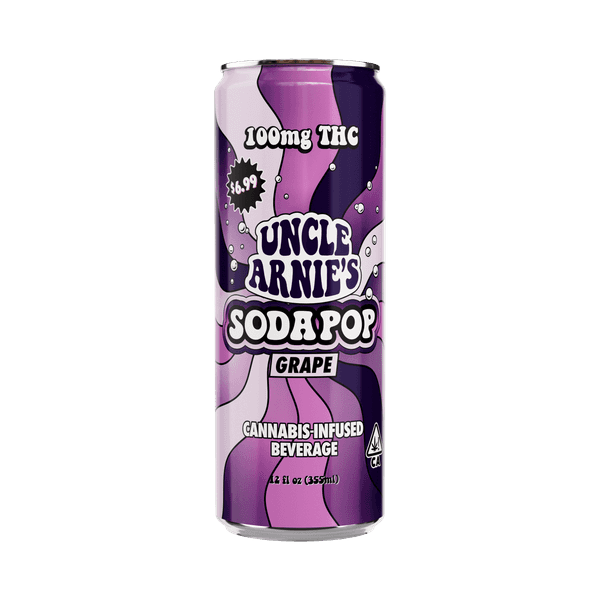 A photograph of Uncle Arnie's Beverage 12oz Grape Soda 100mg