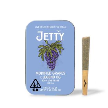 A photograph of Jetty Live Resin Preroll Modified Grapes x Legend OG 5pk