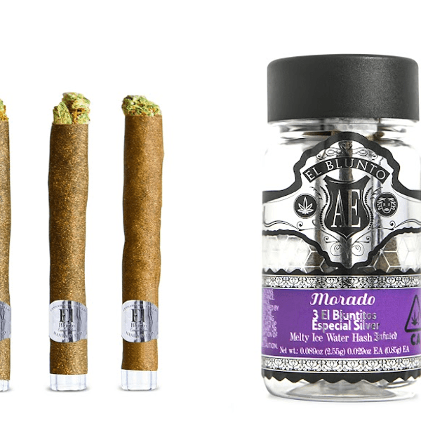 A photograph of El Blunto Especial Silver Hash Bluntito .85g Indica Morado 3pk 2.55g