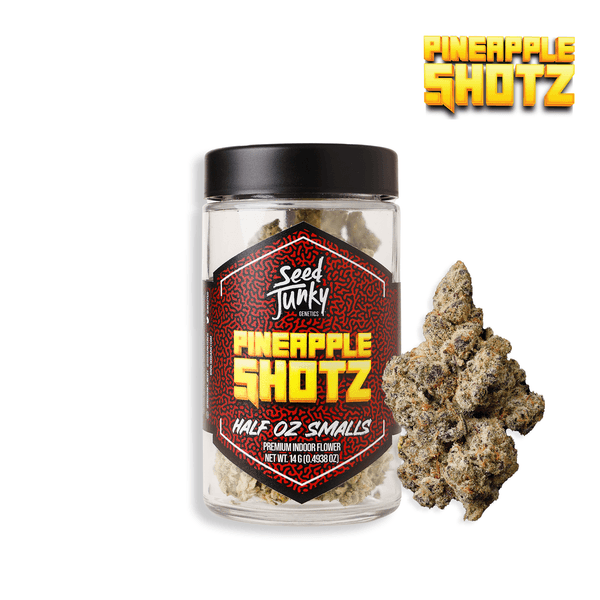 A photograph of Seed Junky Smalls Flower 14g Sativa Pineapple Shotz