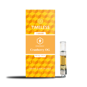 A photograph of Timeless Cartridge Energy 1g Sativa Cranberry OG