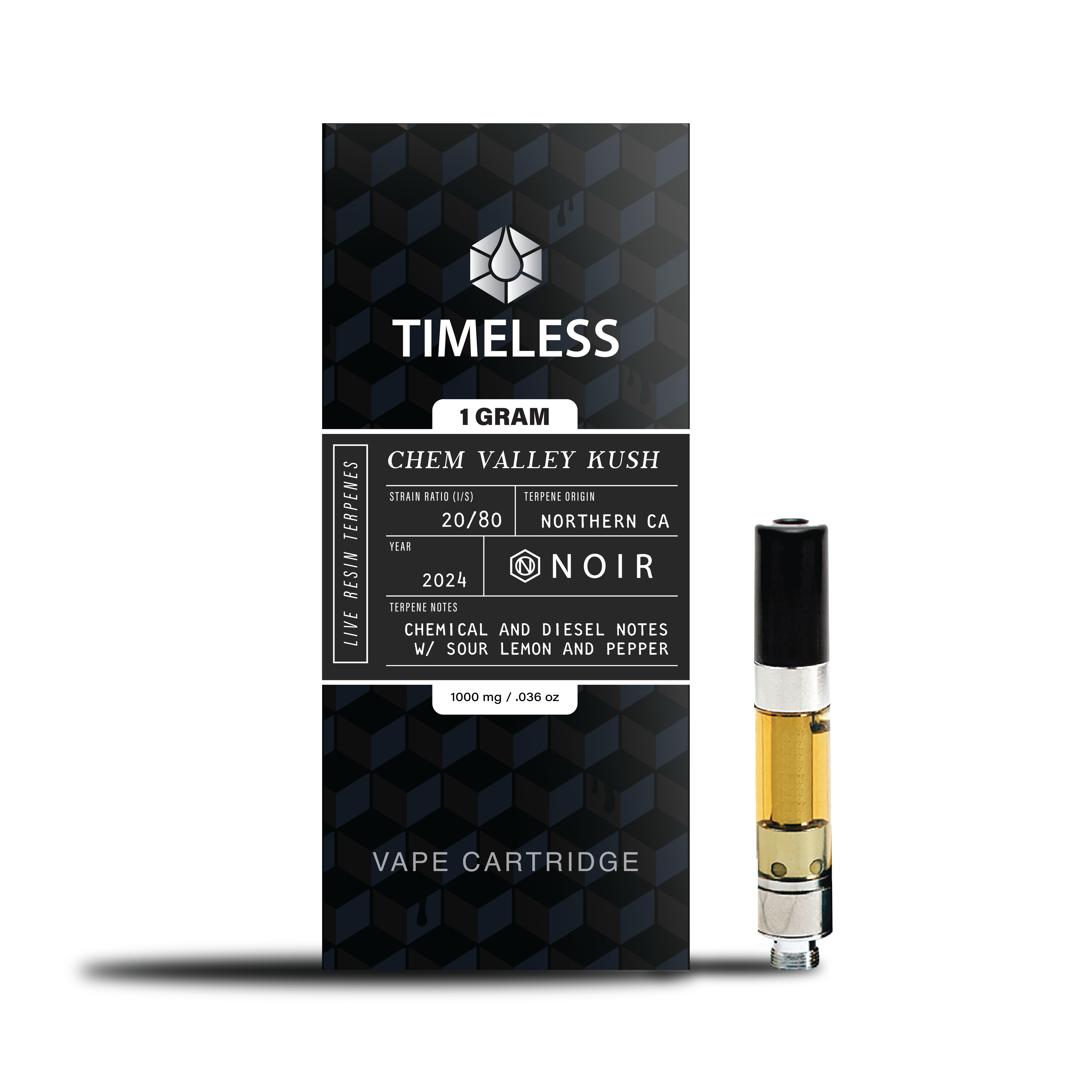 A photograph of Timeless Cartridge Noir 1g Sativa Chem Valley Kush