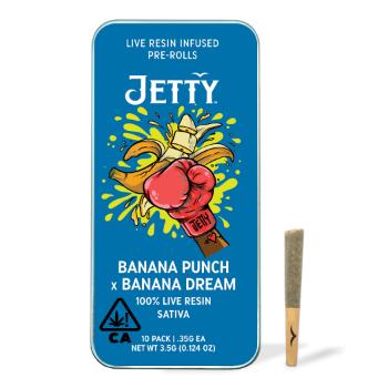A photograph of Jetty Live Resin Preroll Banana Punch x Banana Dream 10pk
