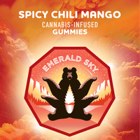 A photograph of Emerald Sky LR Gummies 10ct 100mg Indica Spicy Chili Mango