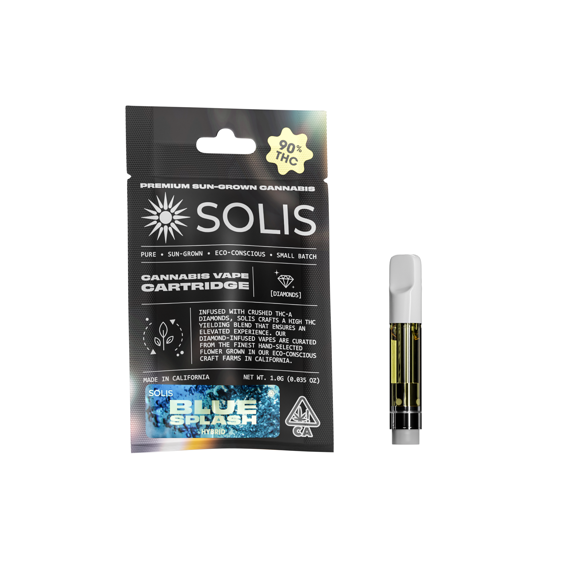 A photograph of Solis Diamond Enhanced Cartridge 1g Hybrid Blue Splash