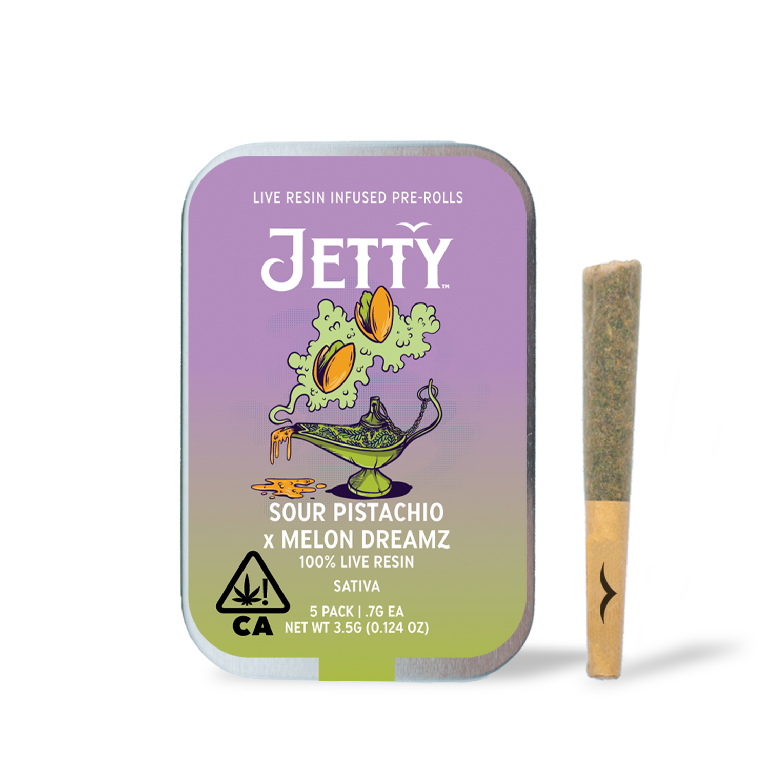 A photograph of Jetty Live Resin Preroll Sour Pistachio x Melon Dreamz 5pk