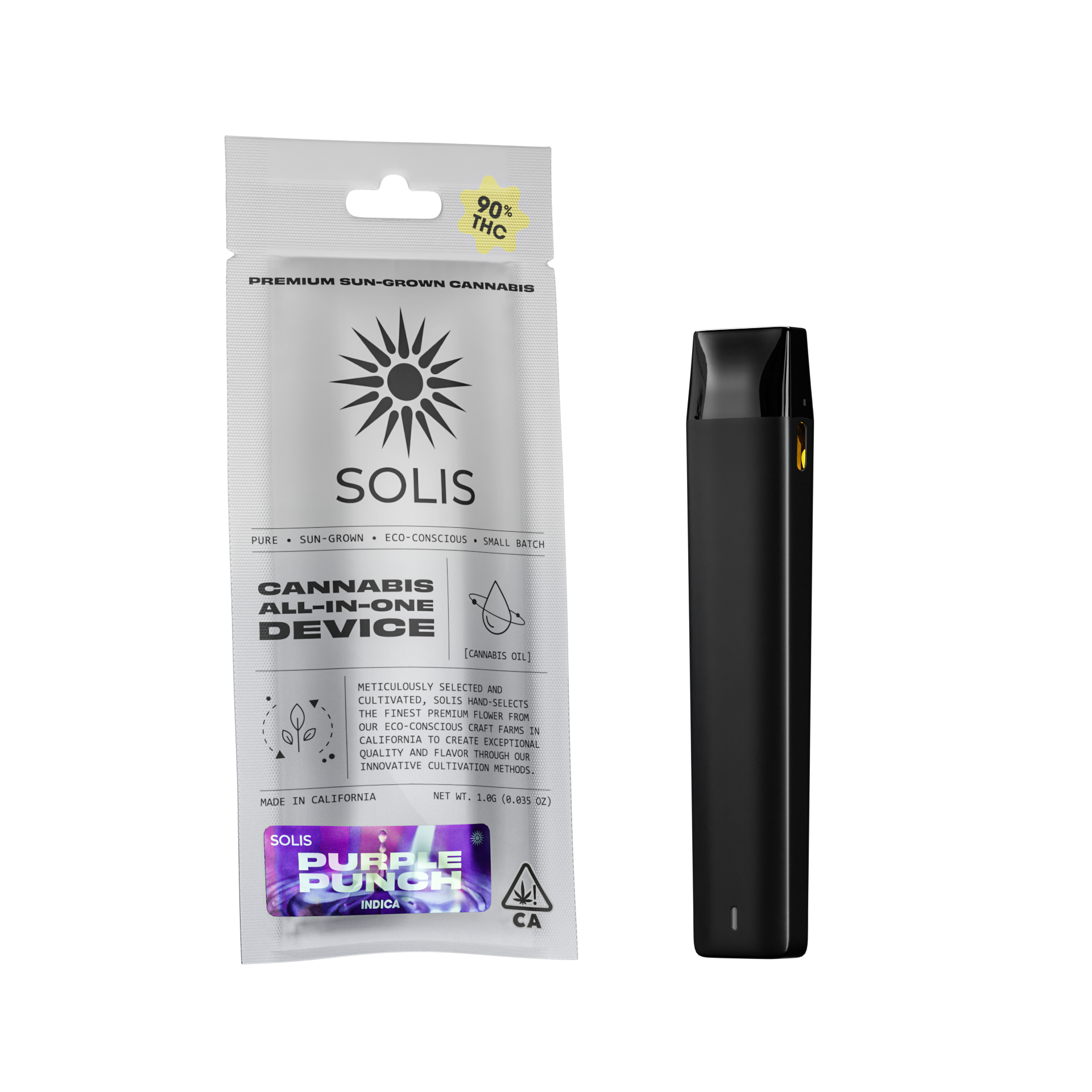 A photograph of Solis All-In-One Vape 1g Indica Purple Punch