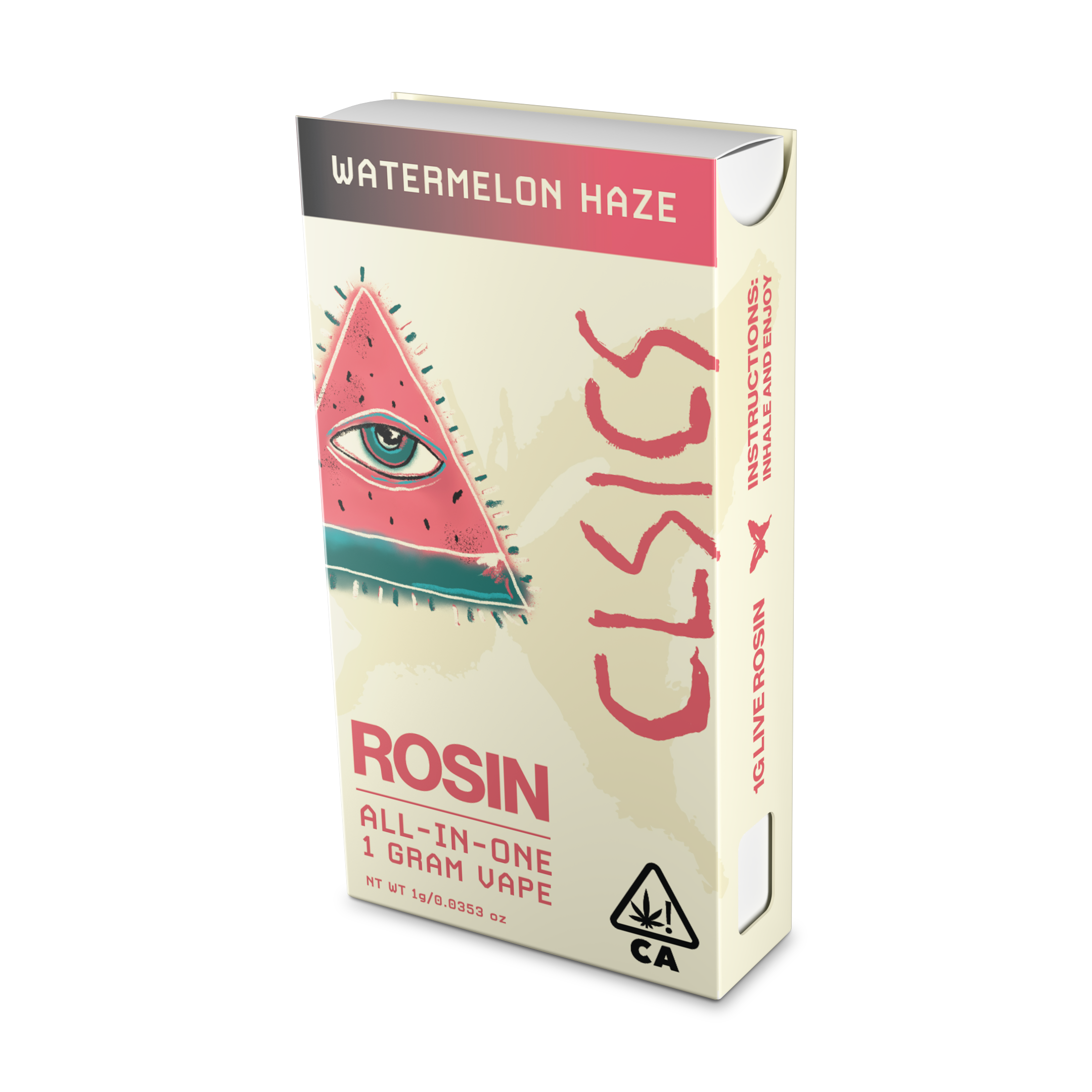 A photograph of CLSICS Live Rosin All-In-One Cartridge 1g Sativa Watermelon Haze