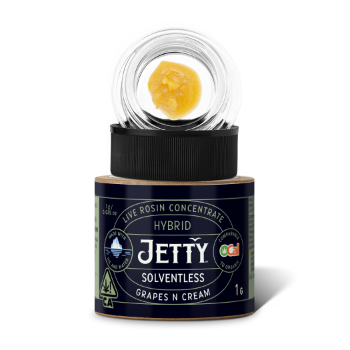 A photograph of Jetty Live Rosin OCAL 1g Solventless Grapes N Cream