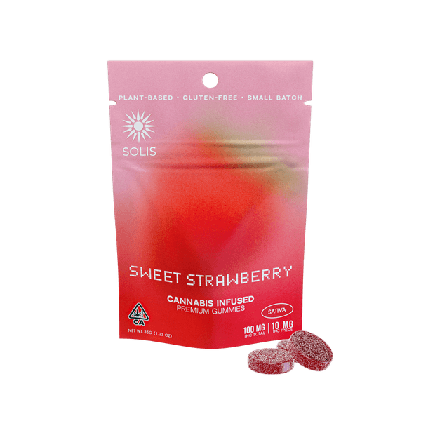 A photograph of Solis Gummies Sativa Sweet Strawberry 10pk