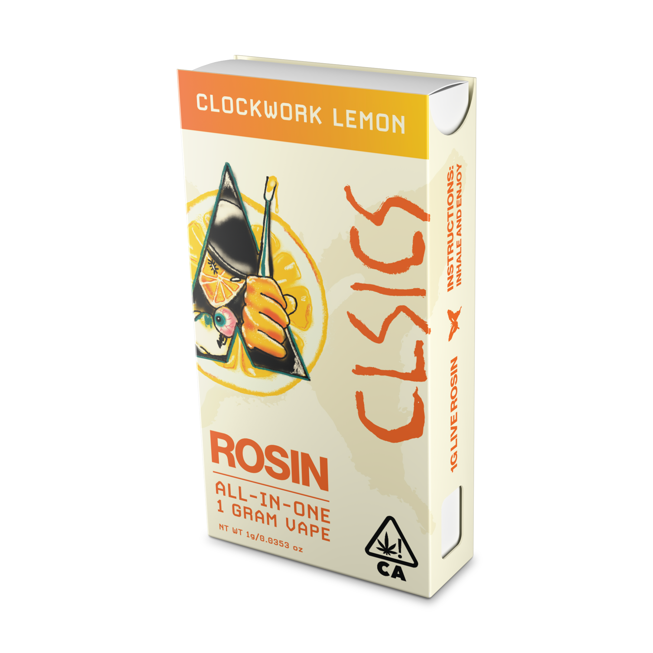 A photograph of CLSICS Live Rosin All-In-One Cartridge 1g Sativa Clockwork Lemon