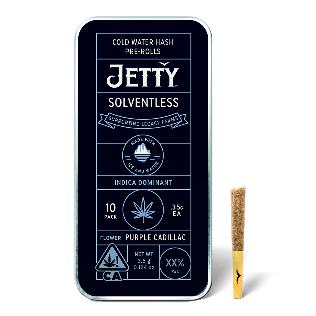 A photograph of Jetty Solventless Preroll Purple Cadillac 10pk