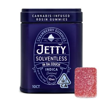 A photograph of Jetty Solventless Rosin Gummies 10ct Tin Strawberry In Da Couch