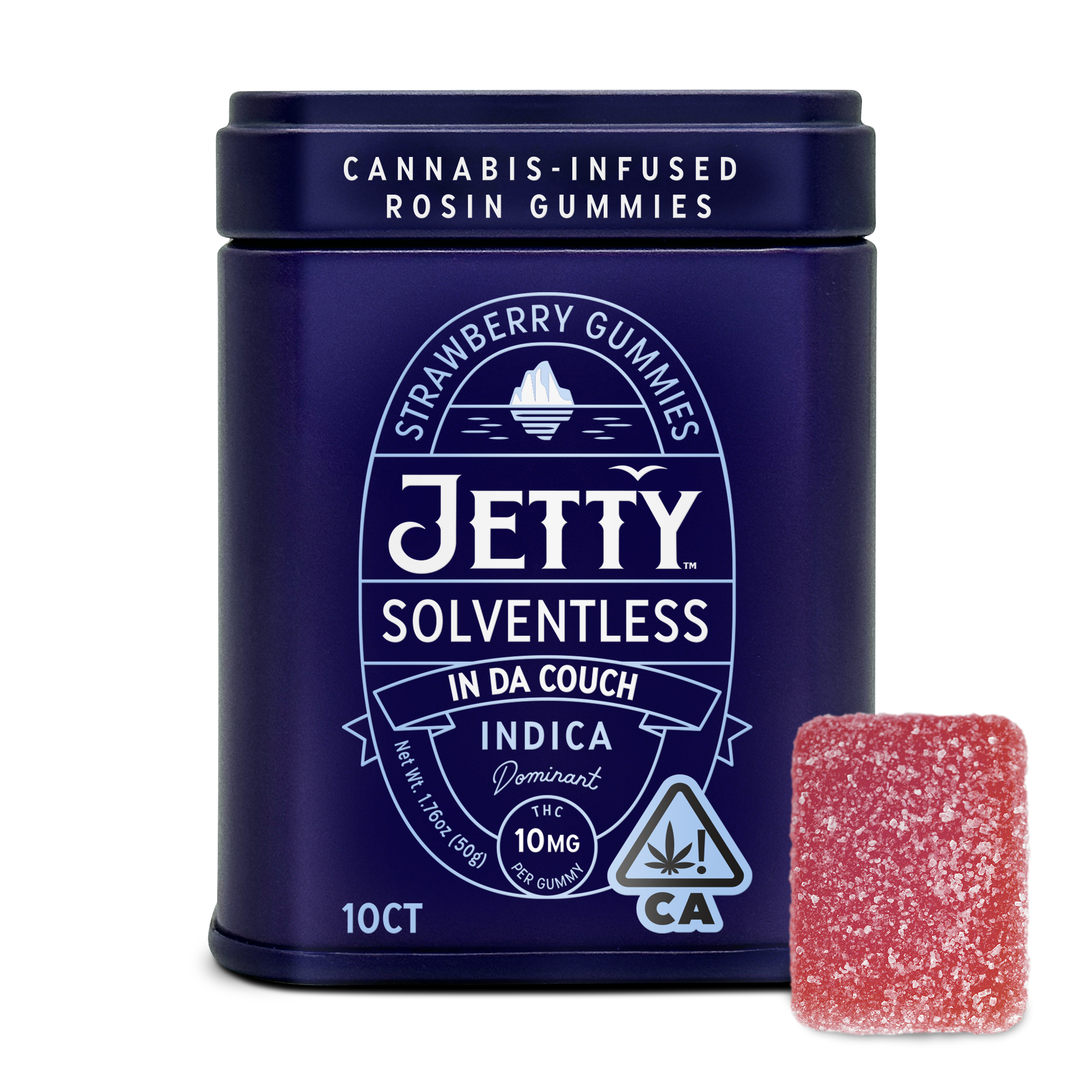 A photograph of Jetty Solventless Rosin Gummies 10ct Tin Strawberry In Da Couch