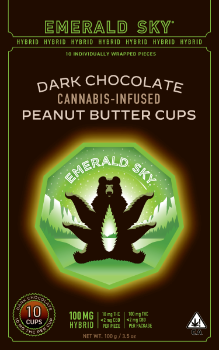 A photograph of Emerald Sky Peanut Butter Cups 10ct 100mg Hybrid Dark Chocolate