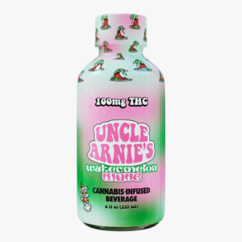 A photograph of Uncle Arnie's Beverage 8oz Watermelon Wave 100mg THC