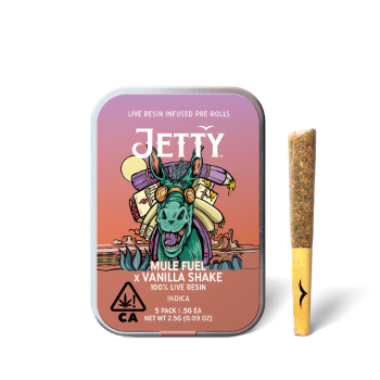 A photograph of Jetty Live Resin Preroll Mule Fuel X Vanilla Shake 2.5g - 5pk