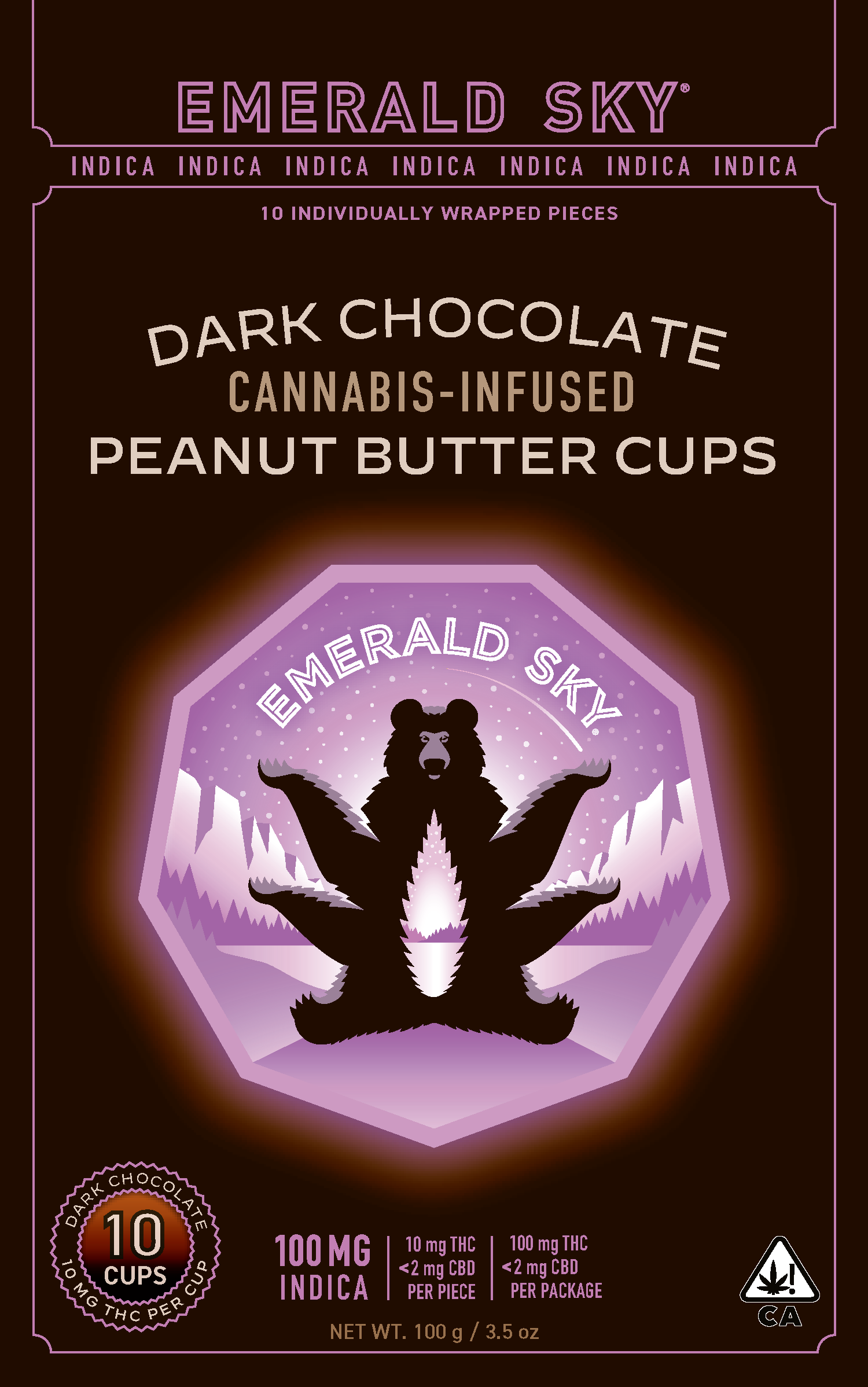 A photograph of Emerald Sky Peanut Butter Cups 10ct 100mg Indica Dark Chocolate