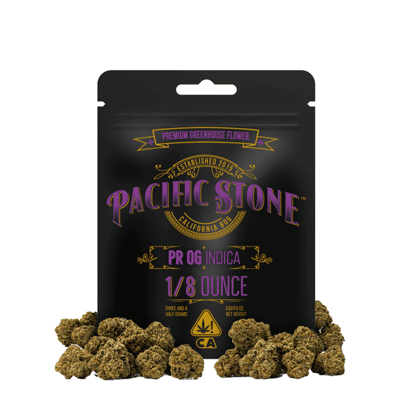 A photograph of Pacific Stone Flower 3.5g Pouch Indica PR OG 16ct