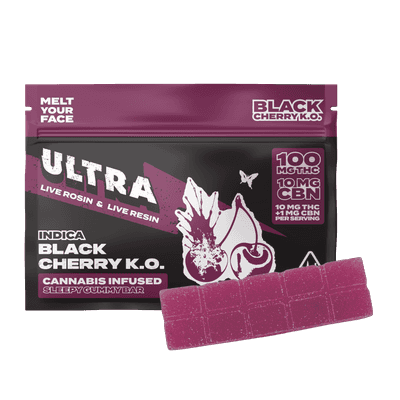 Ultra Live Rosin and Live Resin Gummy Bar THC/CBN 100mg Indica Black Cherry K.O.