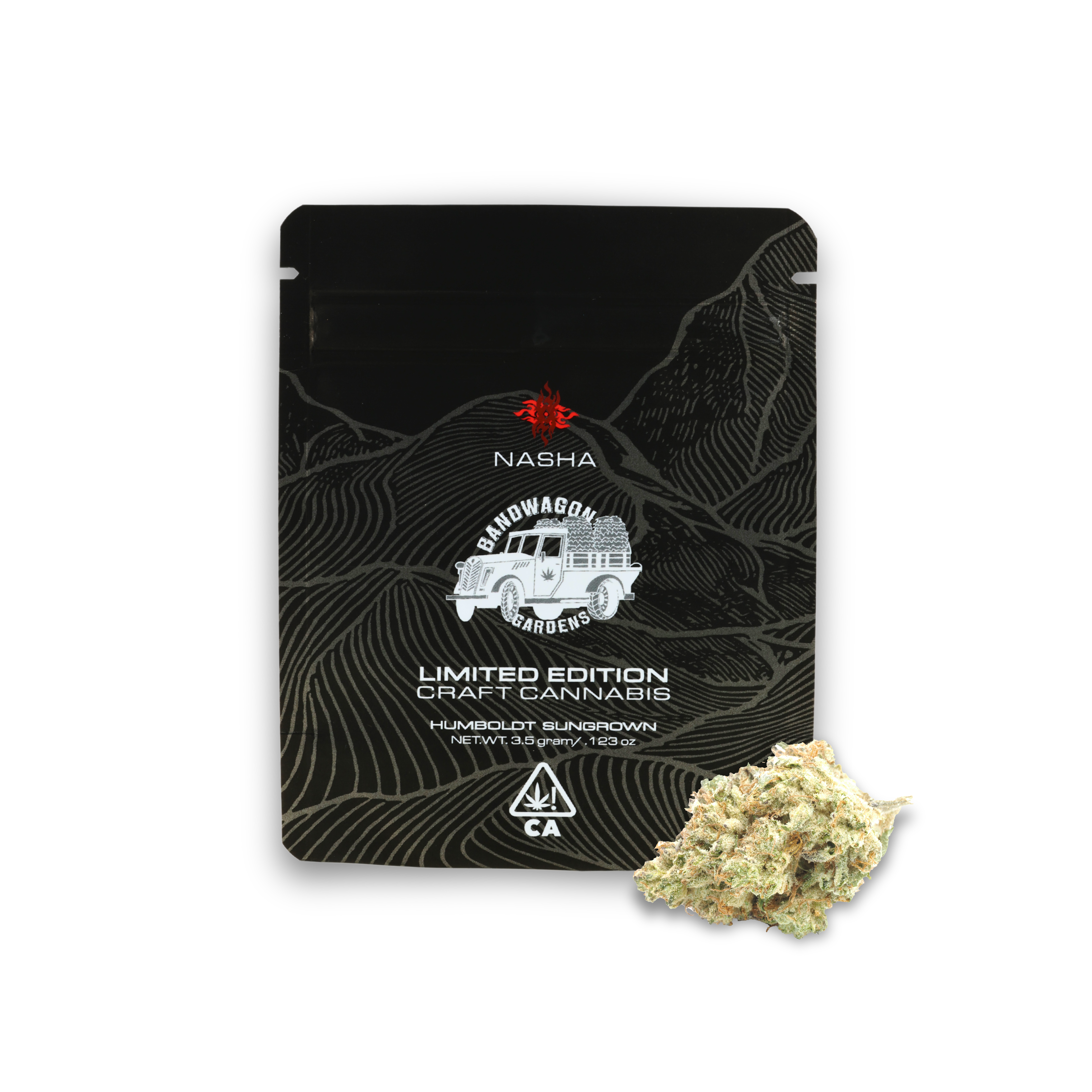 A photograph of Nasha Bandwagon Gardens Flower 3.5g Indica Hybrid Kush Crashers