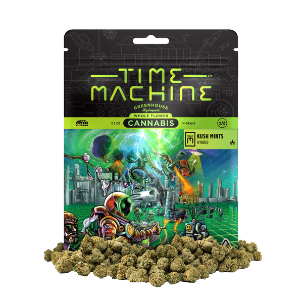 A photograph of Time Machine Flower 14g Hybrid Kush Mints 8ct