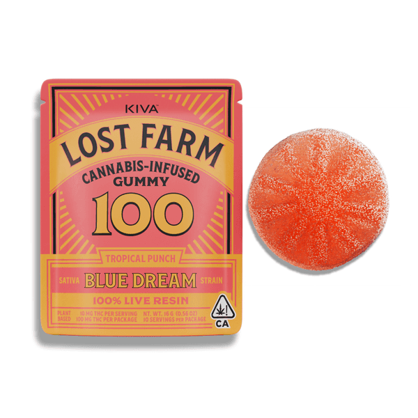 A photograph of Lost Farm One Piece Live Resin Gummies Tropical Punch Blue Dream