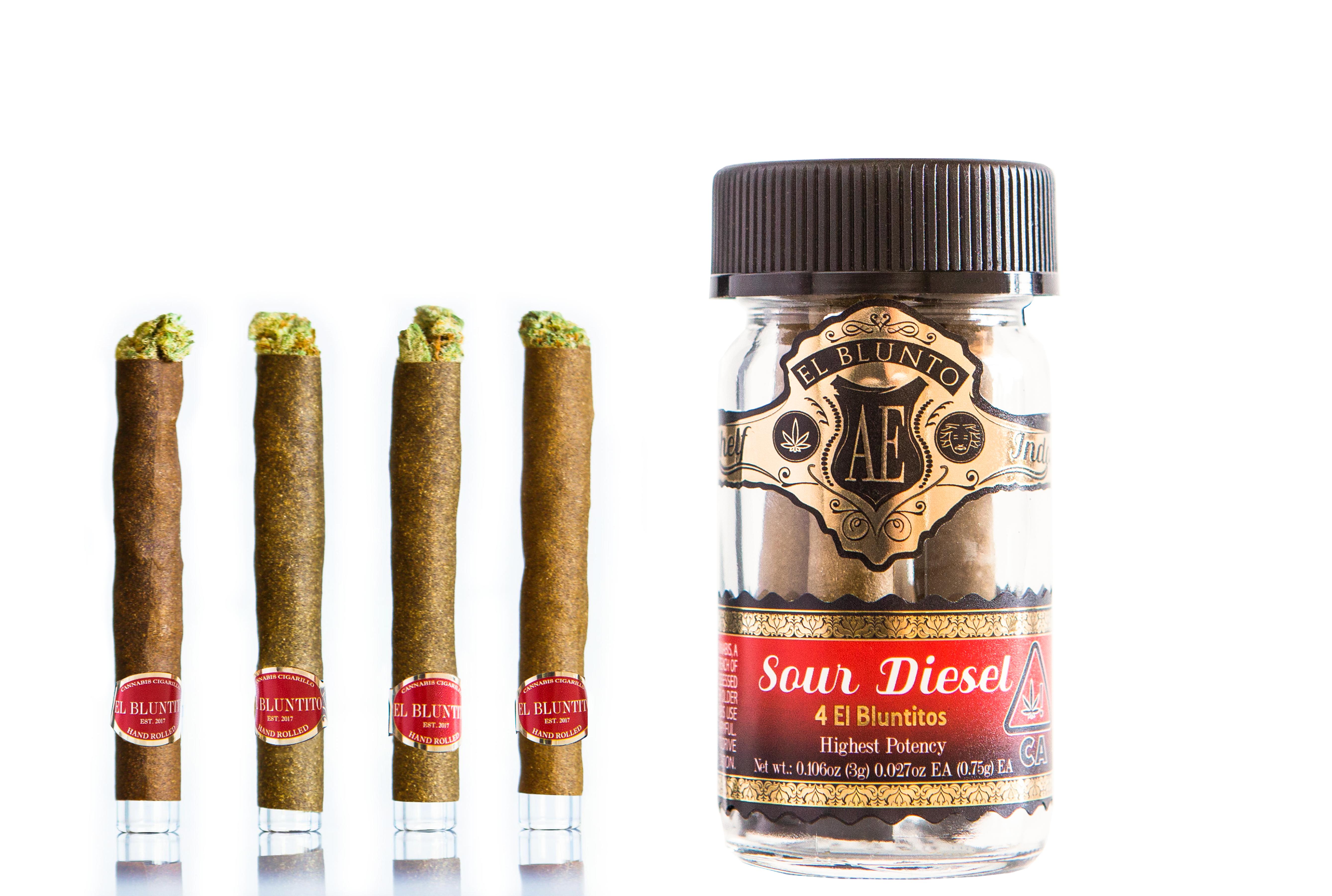 A photograph of El Blunto Gold Bluntito .75g Sativa Sour Diesel 4pk 3g