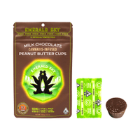 A photograph of Emerald Sky Peanut Butter Cups 10ct 100mg Hybrid Milk Chocolate