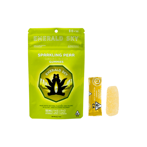 A photograph of Emerald Sky Gummies 10ct 100mg Hybrid Sparkling Pear