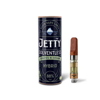 A photograph of Jetty Cartridge OCAL .5g Solventless Grapes N Cream