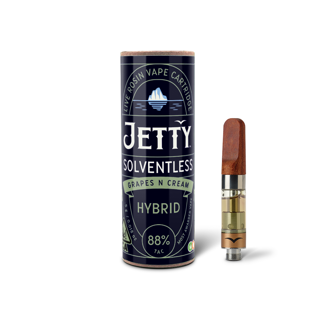 A photograph of Jetty Cartridge OCAL .5g Solventless Grapes N Cream